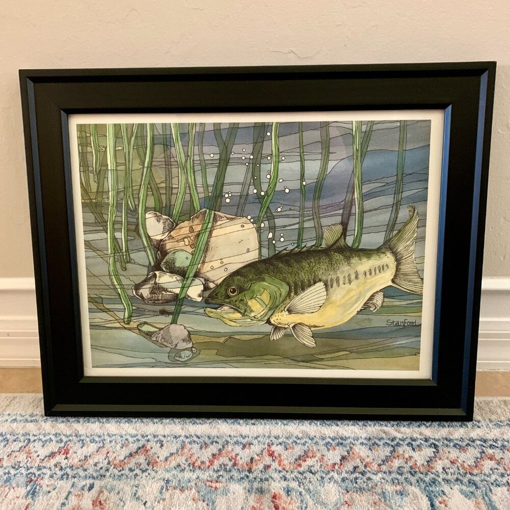 Fish Art Ink and Watercolor Large Mouth Bass Artist Signed Framed Painting Print